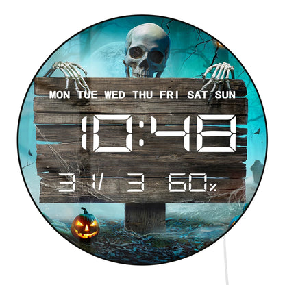 Pumpkins And Skeleton In Graveyard Halloween LED Digital Wall Clock Horror Skull Electronic Clock Timer Date Temperature Display