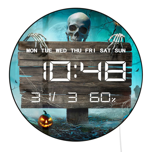 Pumpkins And Skeleton In Graveyard Halloween LED Digital Wall Clock Horror Skull Electronic Clock Timer Date Temperature Display