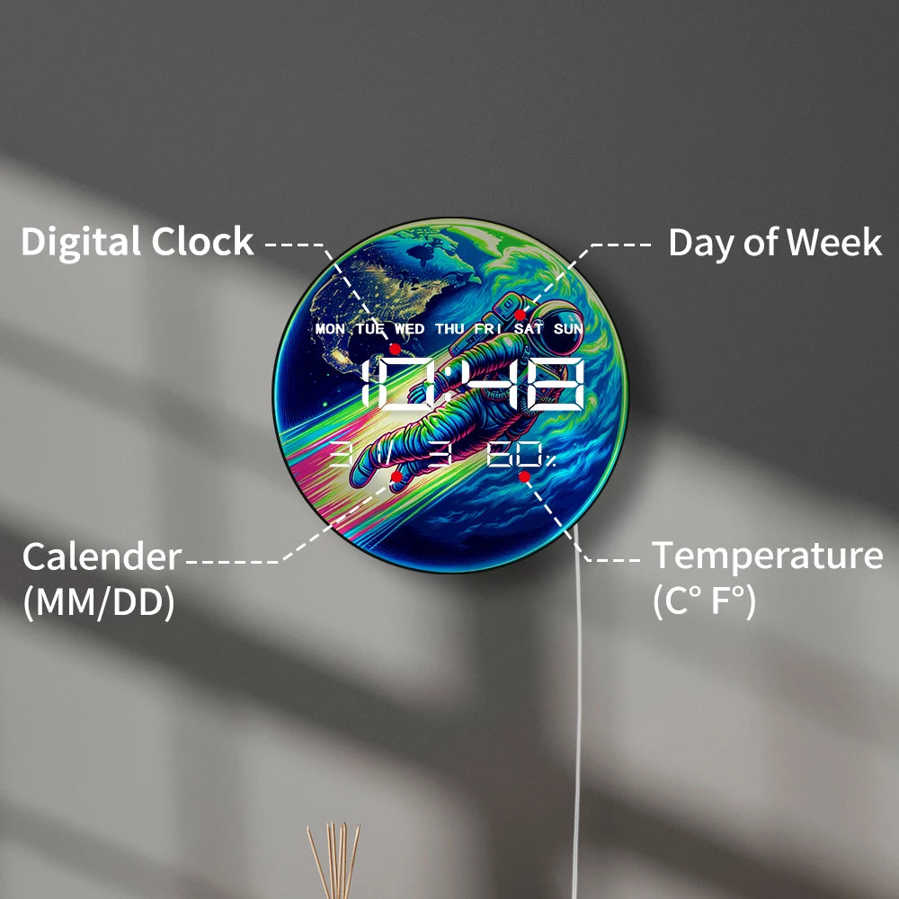 Astronaut Flying Over Earth Planet Electric Wall Clock Large Numeric Display Cartoon Spaceman Home Decor LED Digital Wall Clock