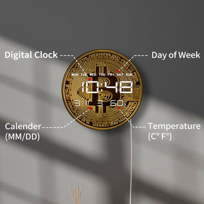Golden Coin Bitcoin LED Digital Wall Clock For Finances Office Room Cryptocurrency BTC Symbol Art Electric Clock Wall Desk Use