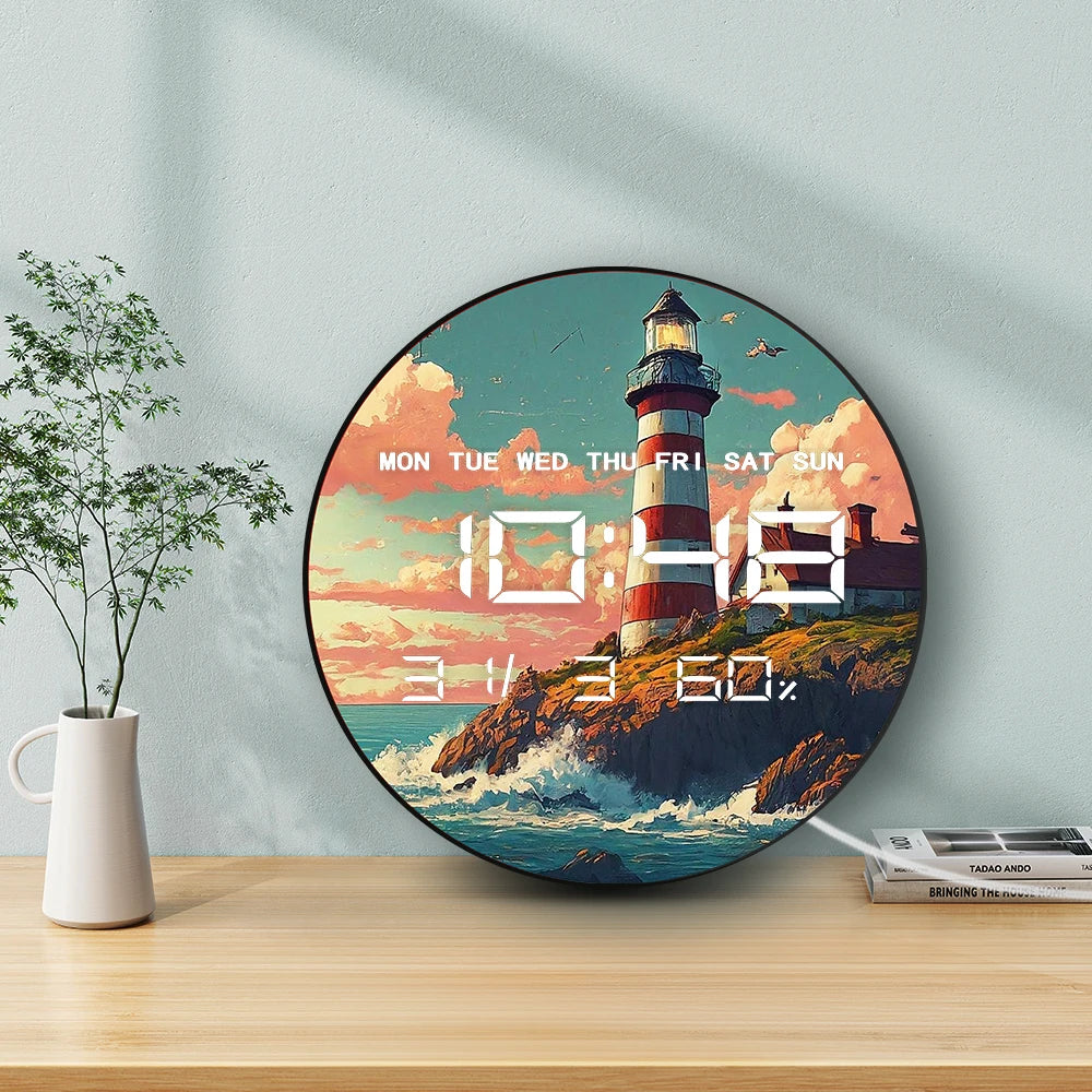 Nautical Lighthouse LED Digital Wall Clock with Calendar Date Temperature for Beach House 12/24hour Format Electronic Wall Clock
