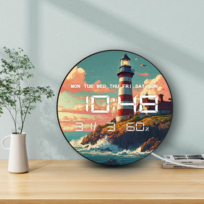 Nautical Lighthouse LED Digital Wall Clock with Calendar Date Temperature for Beach House 12/24hour Format Electronic Wall Clock