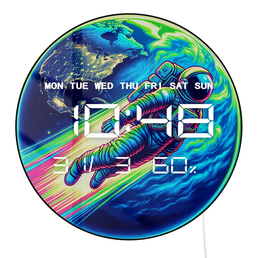 Astronaut Flying Over Earth Planet Electric Wall Clock Large Numeric Display Cartoon Spaceman Home Decor LED Digital Wall Clock