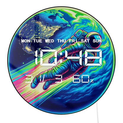 Astronaut Flying Over Earth Planet Electric Wall Clock Large Numeric Display Cartoon Spaceman Home Decor LED Digital Wall Clock