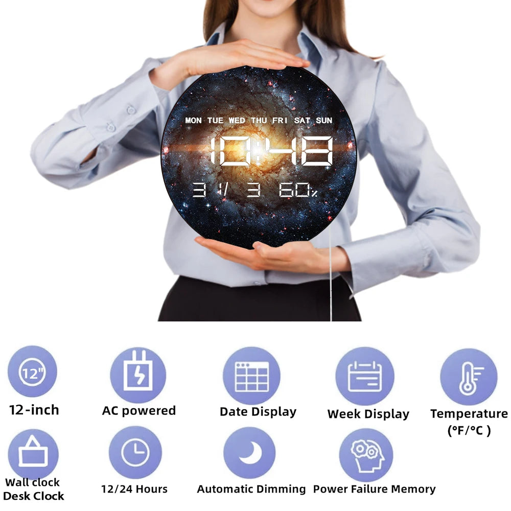 Nebula Galaxy with Stars LED Digital Wall Clock with Calendar Date Temperature Auto Dimming 12/24hr Format Electronic Wall Clock
