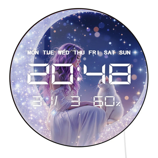 Magic Fairy with Cat Auto Dimming LED Digital Wall Clock Milky Way Stars Home Decor Crescent Moon 12/24 Hour Electric Wall Clock