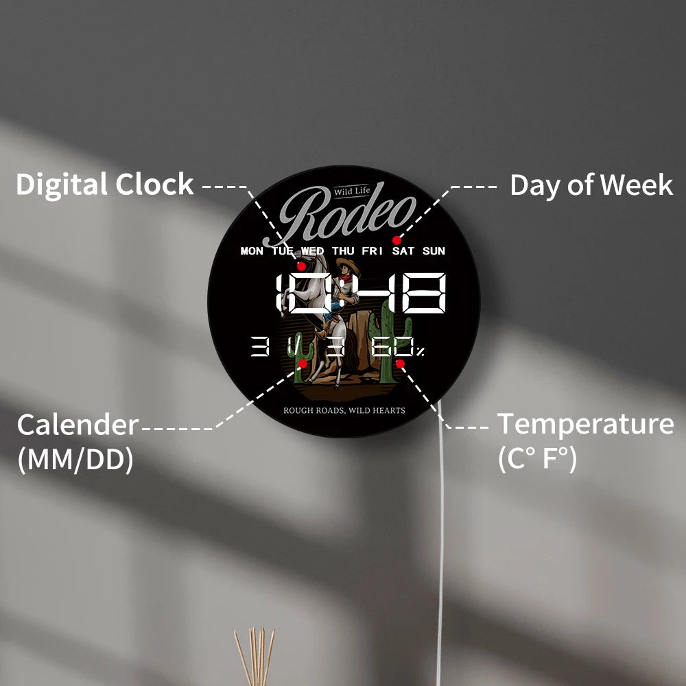 Wild Life Rodeo Modern Digital Wall Clock Cowboy Riding Horse Western Home Decor Electric Wall Clock Large LED Numbers Display
