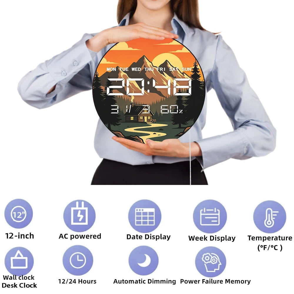 Mountains Peaks Cabin Pine Trees with Sunset  LED Digital Wall Clock Nature Landsacpe Home Decor 12/24hour Electronic Wall Clock