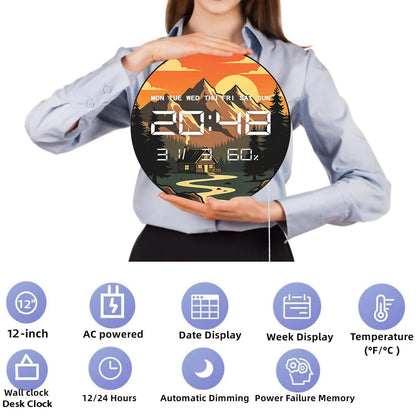 Mountains Peaks Cabin Pine Trees with Sunset  LED Digital Wall Clock Nature Landsacpe Home Decor 12/24hour Electronic Wall Clock