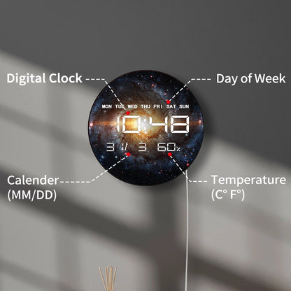 Nebula Galaxy with Stars LED Digital Wall Clock with Calendar Date Temperature Auto Dimming 12/24hr Format Electronic Wall Clock