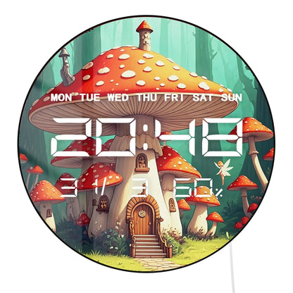 Amanita Mushroom House 12/24hour Electronic Wall Clock with Temperature Calendar Date Fairy Tale Home Decor Digital Clock Timer