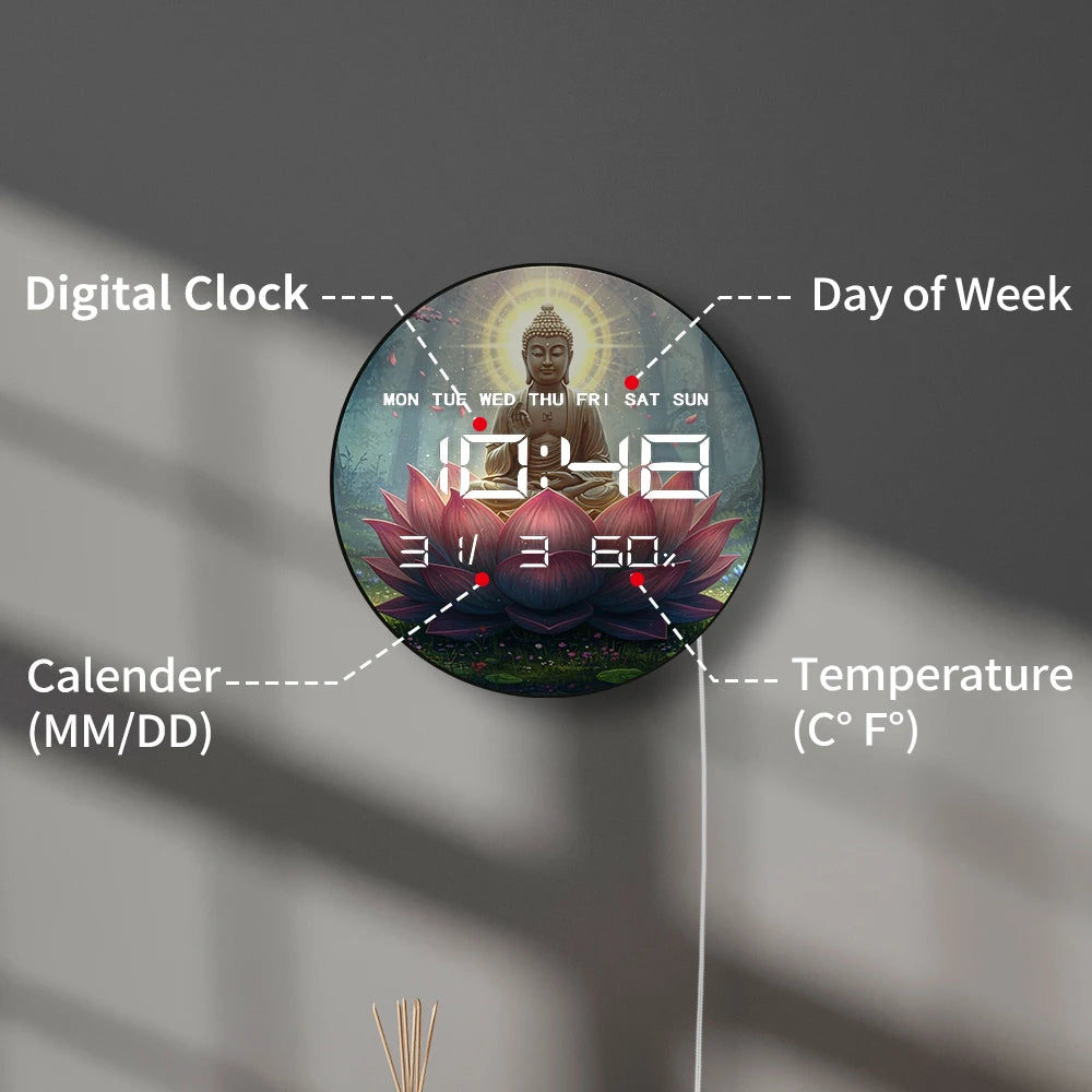 Buddha Seated on Giant Lotus Digital Wall Clock with LED Display Calendar Temperature Automatic Dimming 12/24hr Electronic Clock