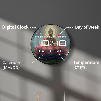 Buddha Seated on Giant Lotus Digital Wall Clock with LED Display Calendar Temperature Automatic Dimming 12/24hr Electronic Clock