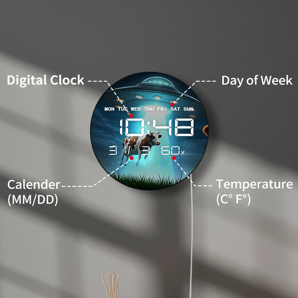 Cow Abduction UFO Digital Wall Clock with LED Display Calendar Temperature Alien Space Sci-Fi Home Decor Electric Wall Clock