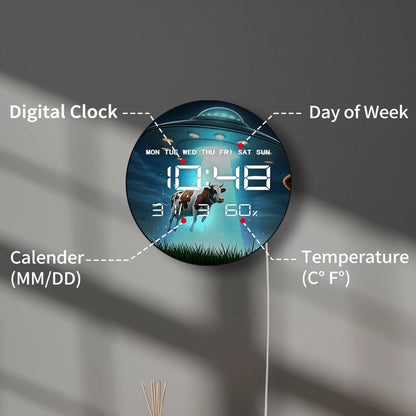 Cow Abduction UFO Digital Wall Clock with LED Display Calendar Temperature Alien Space Sci-Fi Home Decor Electric Wall Clock