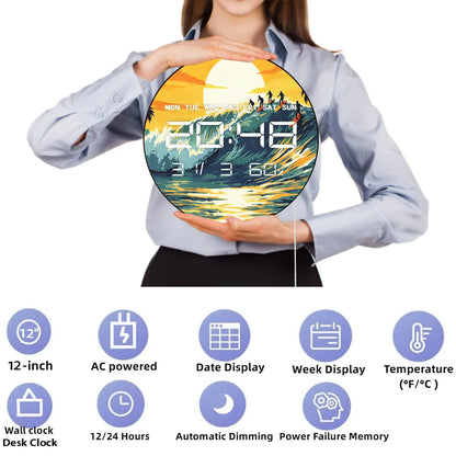 Sunset Surfing Auto Dimming LED Digital Wall Clock with Date Calendar Temperature Seaside Beach Home Decor Electronic Wall Clock