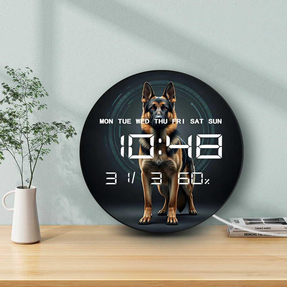 Guard Dog German Shepherd Modern Design Wall Clock with Timer Date Temperature Display Puppy Pet Memorial Digital Wall Clock