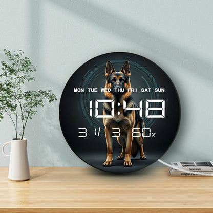 Guard Dog German Shepherd Modern Design Wall Clock with Timer Date Temperature Display Puppy Pet Memorial Digital Wall Clock