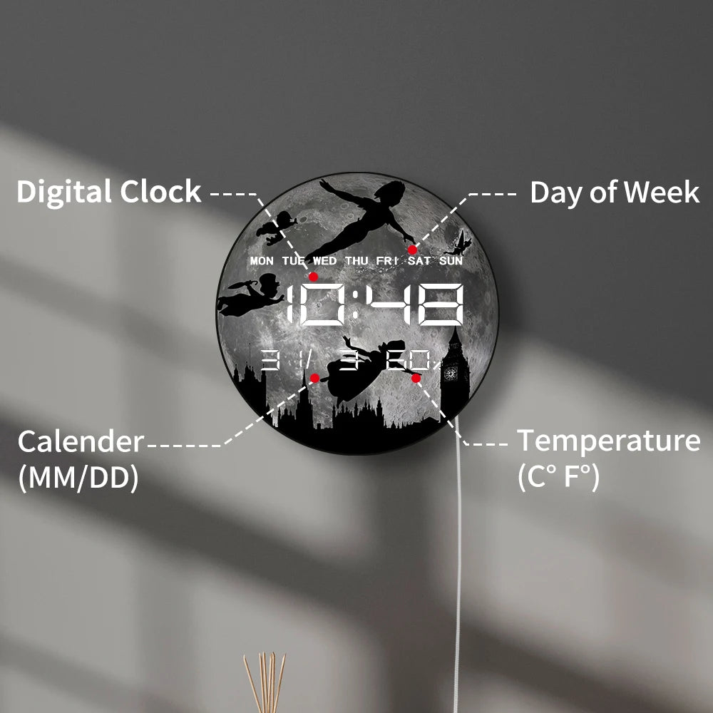 Big Full Moon Flying Over London LED Digital Wall Clock For Nursery Kid Room Neverland Fairy Tale Home Decor Electric Wall Clock
