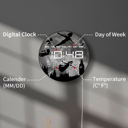 Big Full Moon Flying Over London LED Digital Wall Clock For Nursery Kid Room Neverland Fairy Tale Home Decor Electric Wall Clock