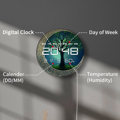 Wicca Symbol Moon Tree of Life LED Digital Wall Clock Magic Home Decor 12/24hour Timer Electronic Wall Clock with Calendar Date