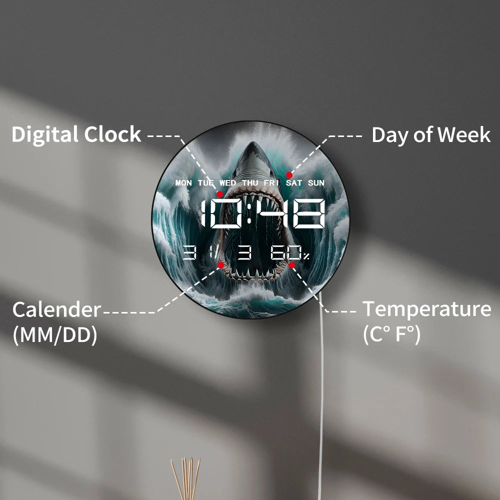 White Shark Open Mouth Jaw Modern Digital Wall Clock with Timer Date Temperature Display Ocean Predator Electronic Wall Clock