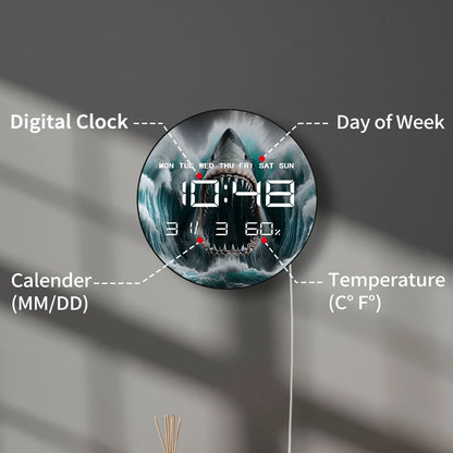 White Shark Open Mouth Jaw Modern Digital Wall Clock with Timer Date Temperature Display Ocean Predator Electronic Wall Clock