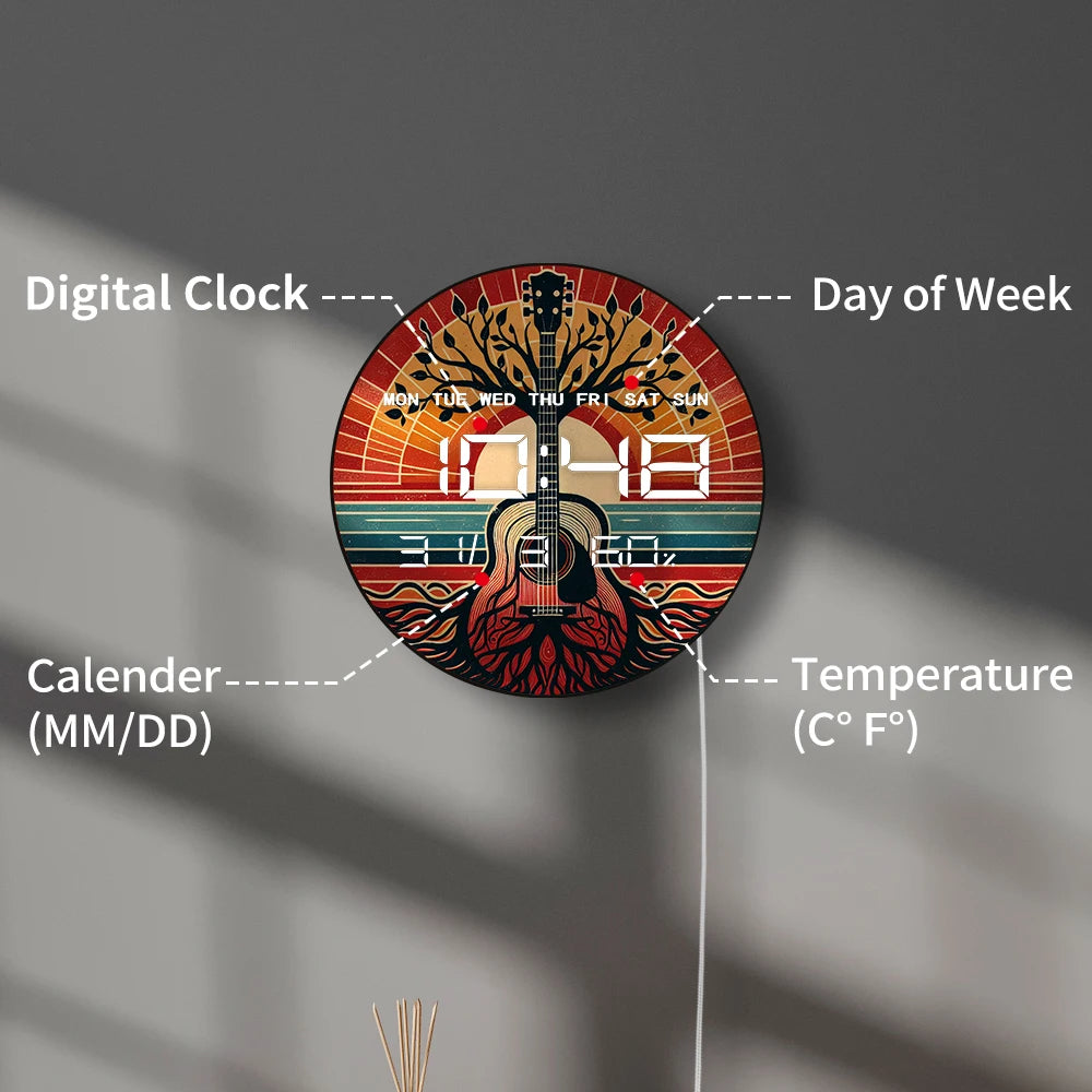 Acoustic Guitar Tree of Life LED Digital Wall Clock Multifunctional 12/24hour Electric Wall Clock with Calendar Date Temperature