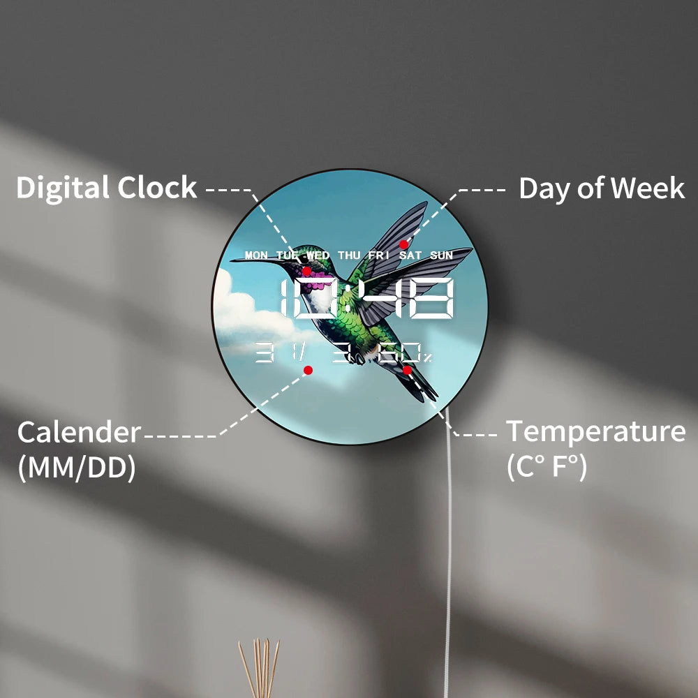 Spring Floral Bird Hummingbird LED Digital Wall Clock with Temperature Humidity Calendar Date Big Display Electronic Wall Clock