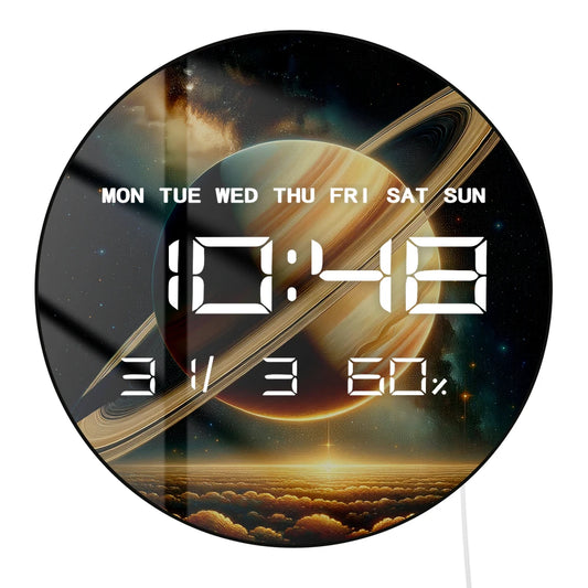Planet Saturn with Rings Electric Numeric Wall Clock Starry Sky Astronomy Artwork Home Decor LED Auto Dimming Digital Wall Clock