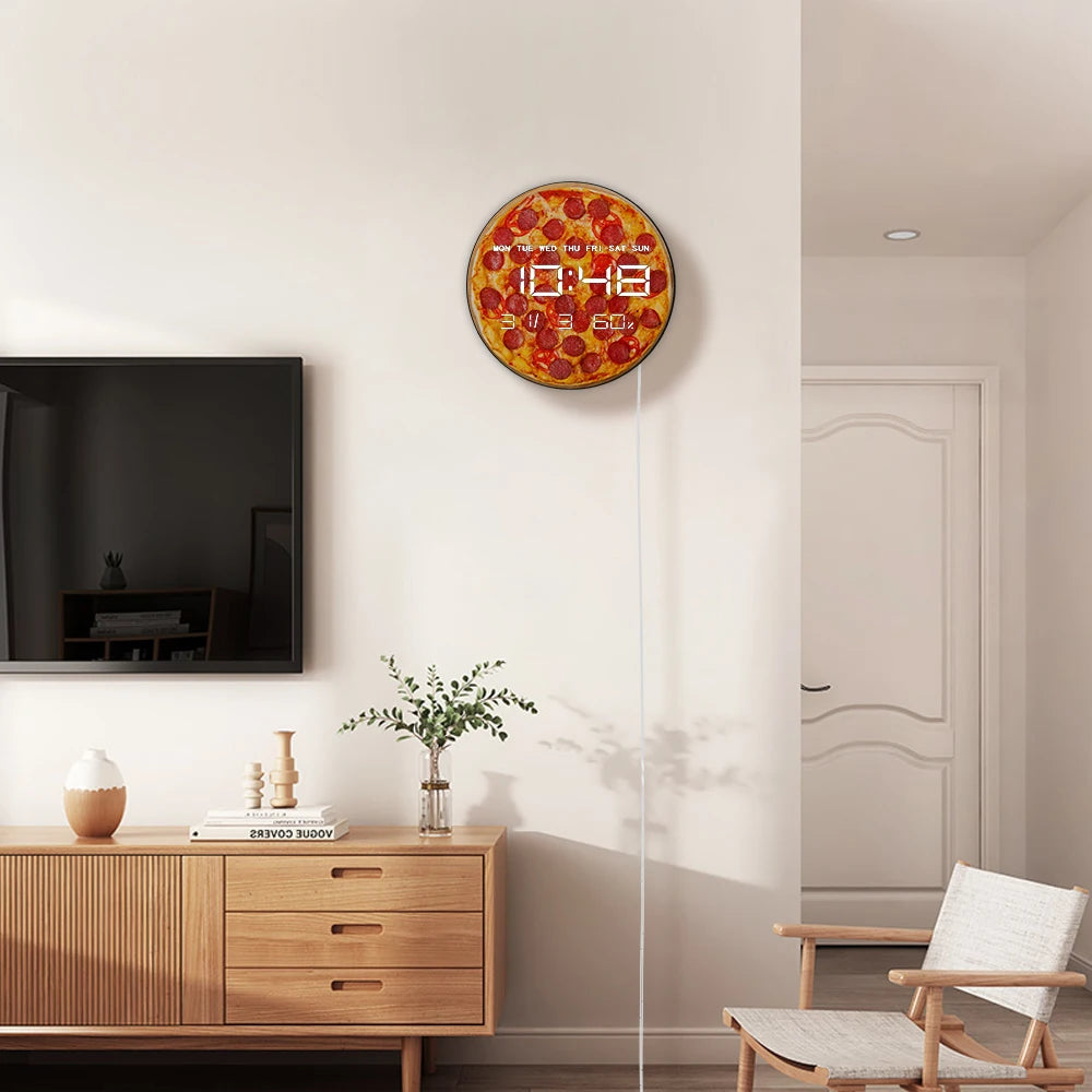 Pepperoni Pizza LED Large Number Digital Wall Clock For Kitchen Dinning Room Italian Food Art Pizzeria Modern Design Wall Clock