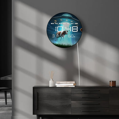 Cow Abduction UFO Digital Wall Clock with LED Display Calendar Temperature Alien Space Sci-Fi Home Decor Electric Wall Clock