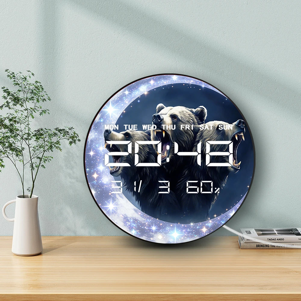 Fierce Roaring Bear with Crescent Moon Multifunctional LED Digital Wall Clock Powerful Home Decor 12/24 Hour Electric Wall Clock