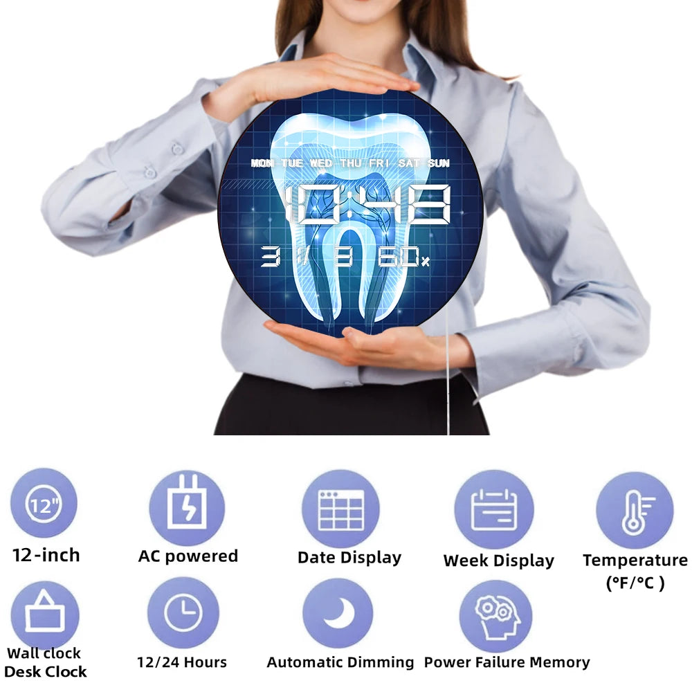 Tooth Anatomy LED Digital Wall Clock for Dental Office Dentistry Artwork 12/24hr Electronic Clock with Temperature Humidity Date