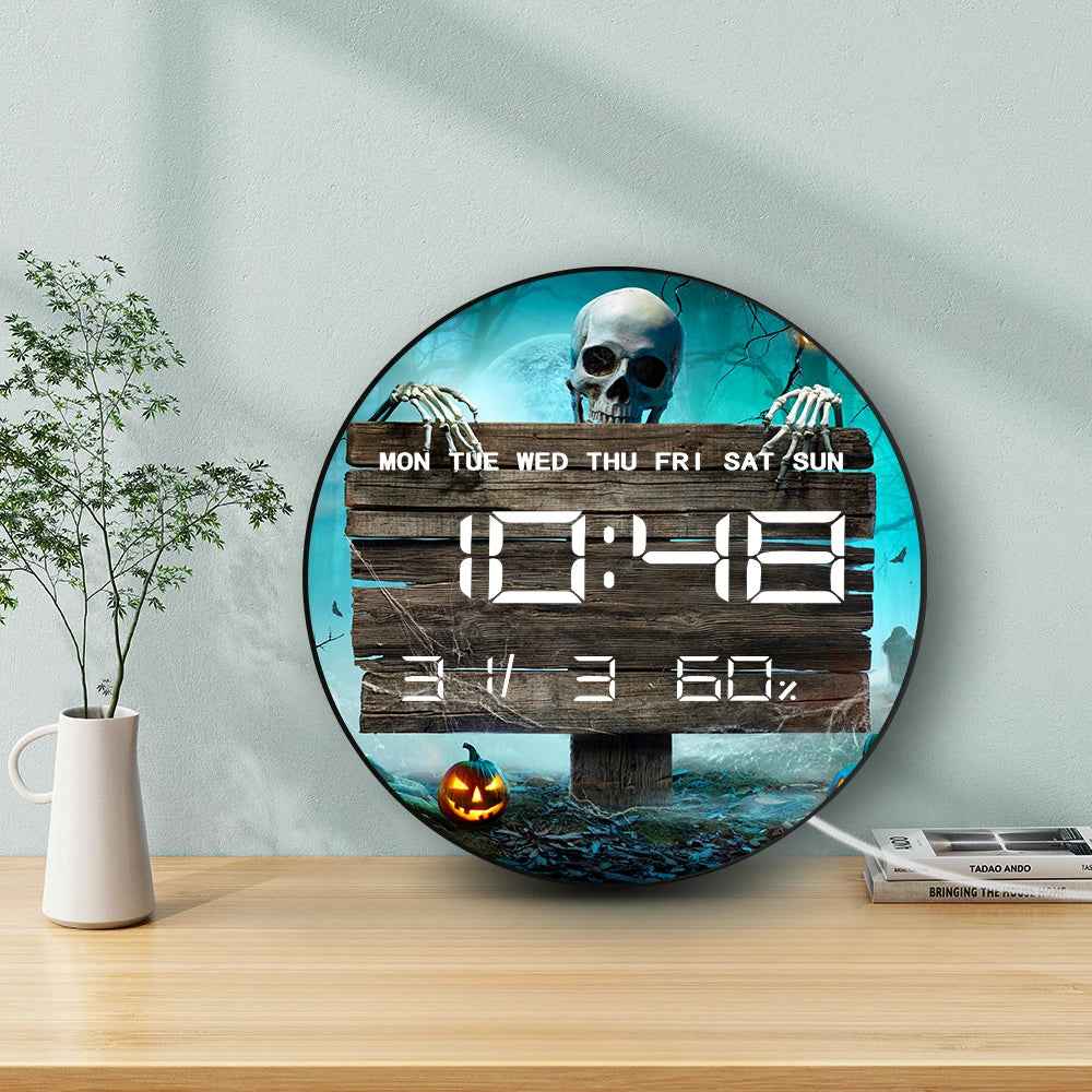Pumpkins And Skeleton In Graveyard Halloween LED Digital Wall Clock Horror Skull Electronic Clock Timer Date Temperature Display