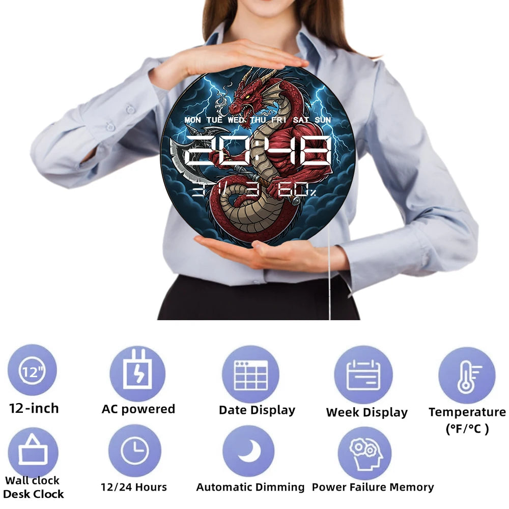 Evel Dragon Holding Axe 12/24hour Electronic Wall Clock Fantasy Home Decor LED Digital Wall Clock with Calendar Date Temperature