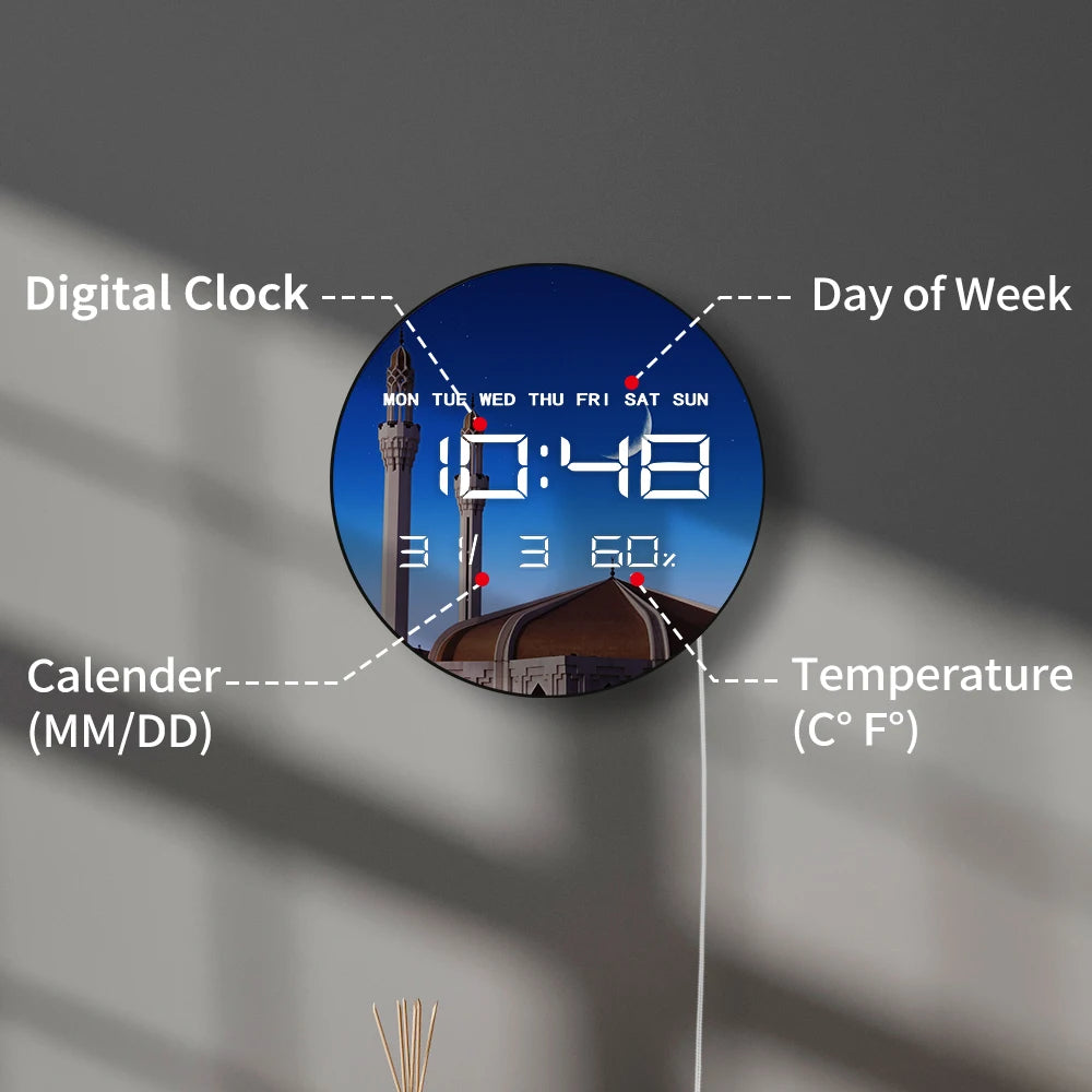 Crescent Moon Above Mosque LED Digital Wall Clock Large Display Jeddah Night Islamic Home Decor Large Number Electric Wall Clock
