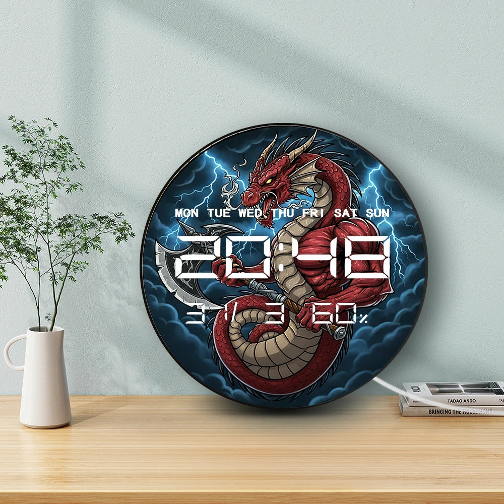 Evel Dragon Holding Axe 12/24hour Electronic Wall Clock Fantasy Home Decor LED Digital Wall Clock with Calendar Date Temperature