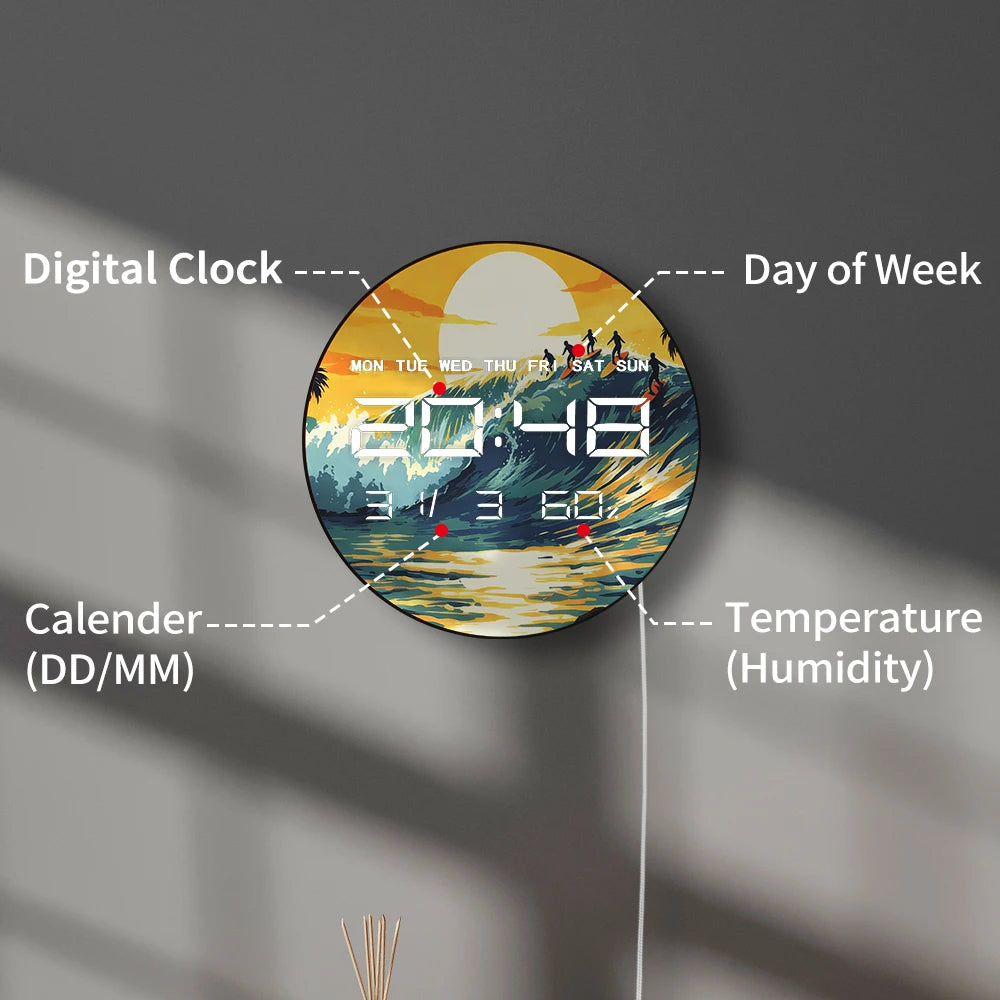 Sunset Surfing Auto Dimming LED Digital Wall Clock with Date Calendar Temperature Seaside Beach Home Decor Electronic Wall Clock