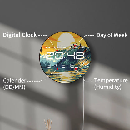 Sunset Surfing Auto Dimming LED Digital Wall Clock with Date Calendar Temperature Seaside Beach Home Decor Electronic Wall Clock