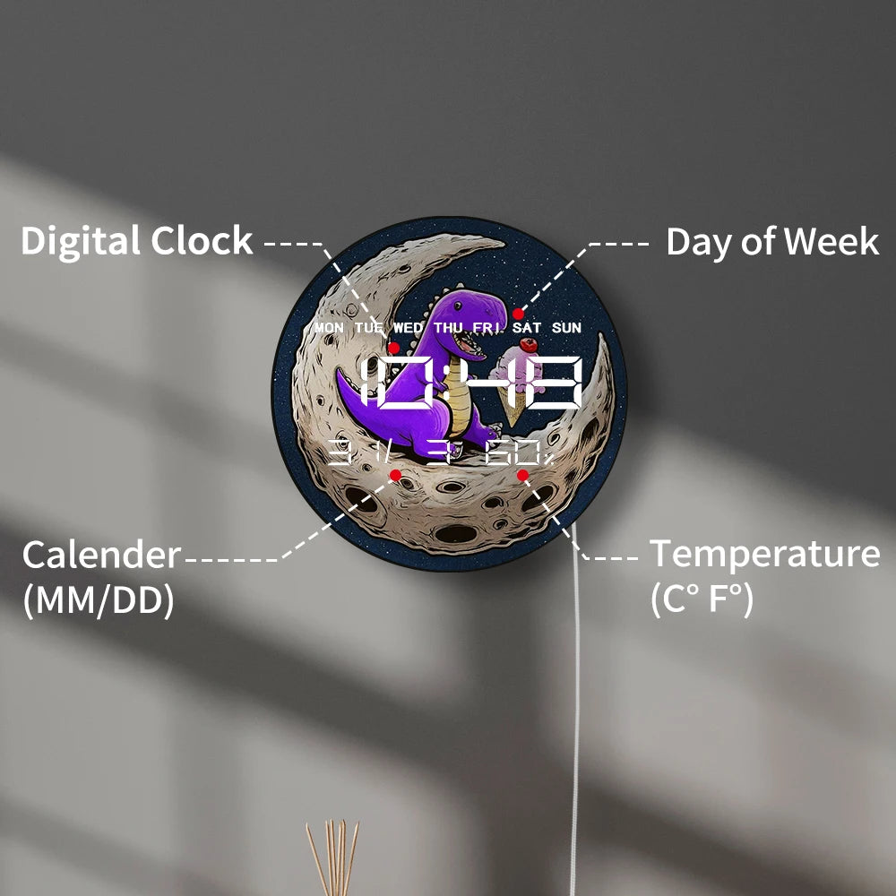 Dinosaur Eating Ice Cream on Moon Electric Wall Clock with Temperature Humidity Date Big Display Calendar LED Digital Wall Clock