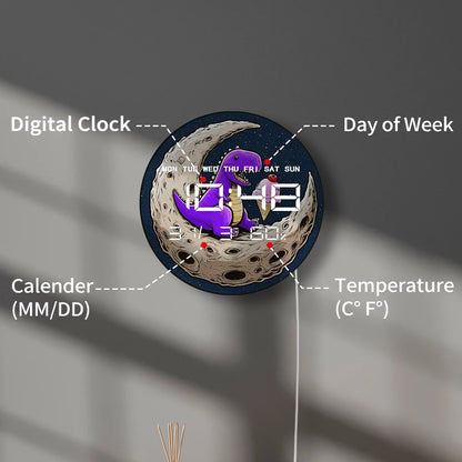 Dinosaur Eating Ice Cream on Moon Electric Wall Clock with Temperature Humidity Date Big Display Calendar LED Digital Wall Clock