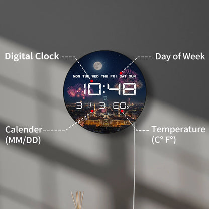 Riyadh Skyline with Full Moon Firework Modern Design LED Digital Wall Clock with Timer Date Temperature Eid Vibes Electric Clock
