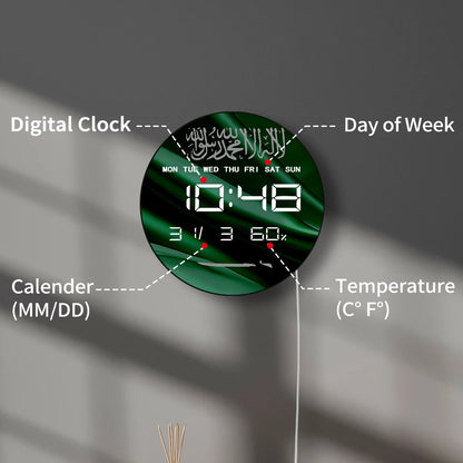 Saudi Arabia Country Flag Digital Wall Clock with Timer Date Temperature Display Saudi Pride Patriotic Green Electric Wall Clock