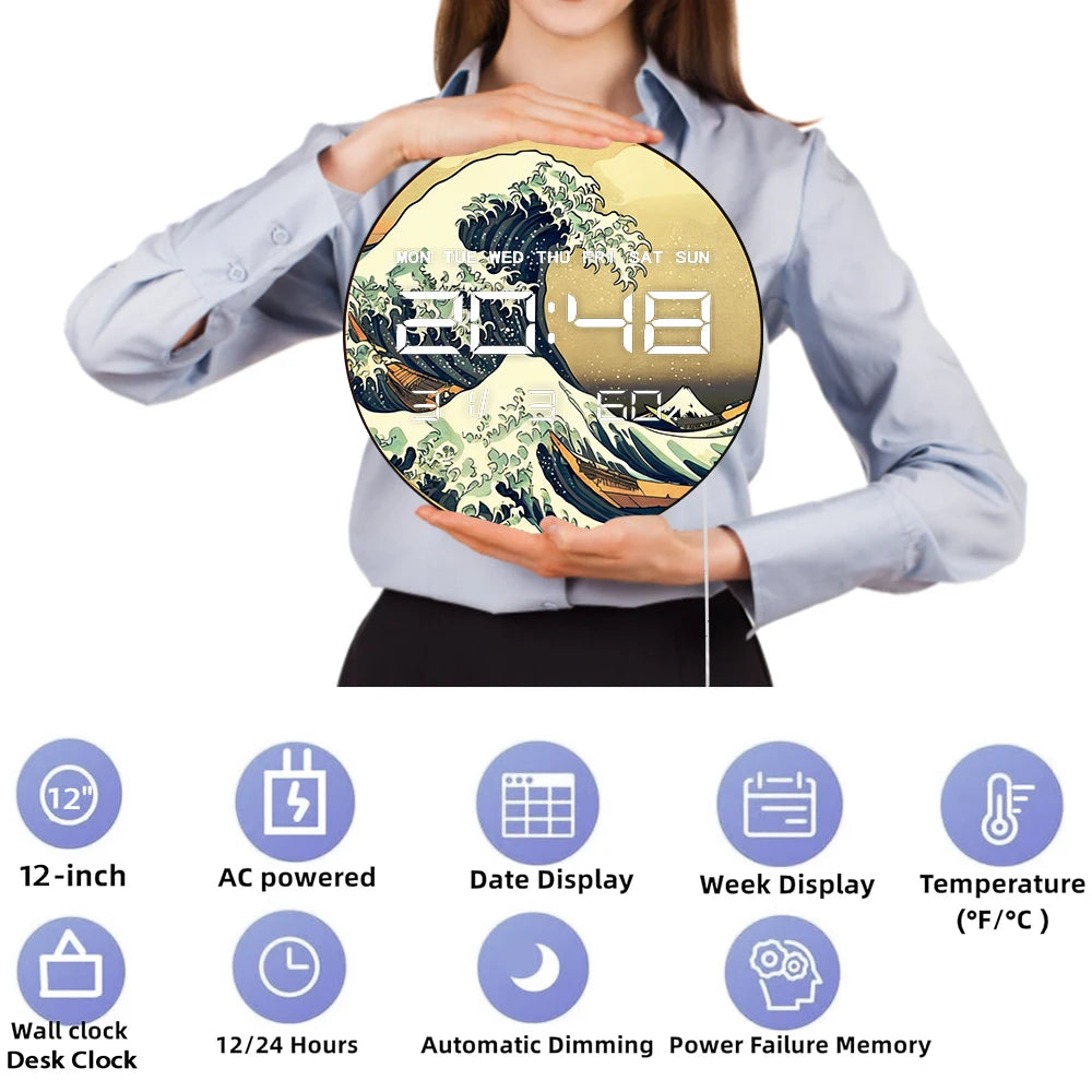 The Great Wave Large Electronic Wall Clock Retro Japanese Home Decor LED Digital Wall Clock Timer with Temperature Calendar Date