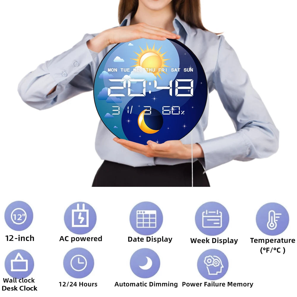 Day and Night Yin Yang Symbol12/24hour Electronic Wall Clock Spiritual Home Decor Timer Auto Brightness LED Digital Wall Clock