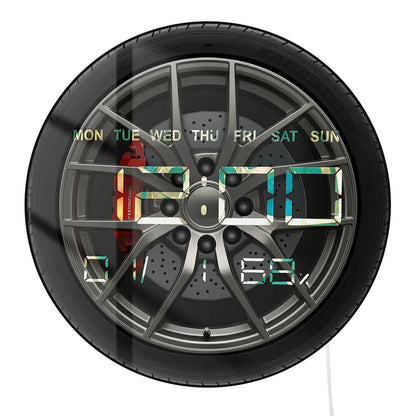 Car Wheel Digital Wall Clock with Timer Date Temperature Display Car Tire Large Numeric Display Electronic Wall Clock For Garage