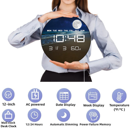 Full Moon over the Sea with Tropical Beach LED Digital Wall Clock with Calendar Temperature Auto Dimming 12/24hr Electric Clock