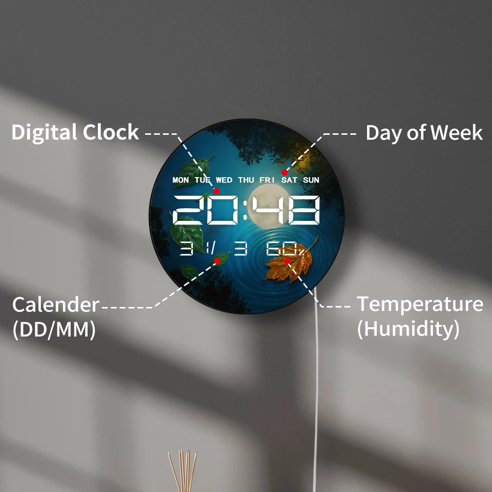 Full Moon Reflection with Fallen Leaf LED Digital Clock with Temperature Humidity Calendar Date Big Display Electric Wall Clock
