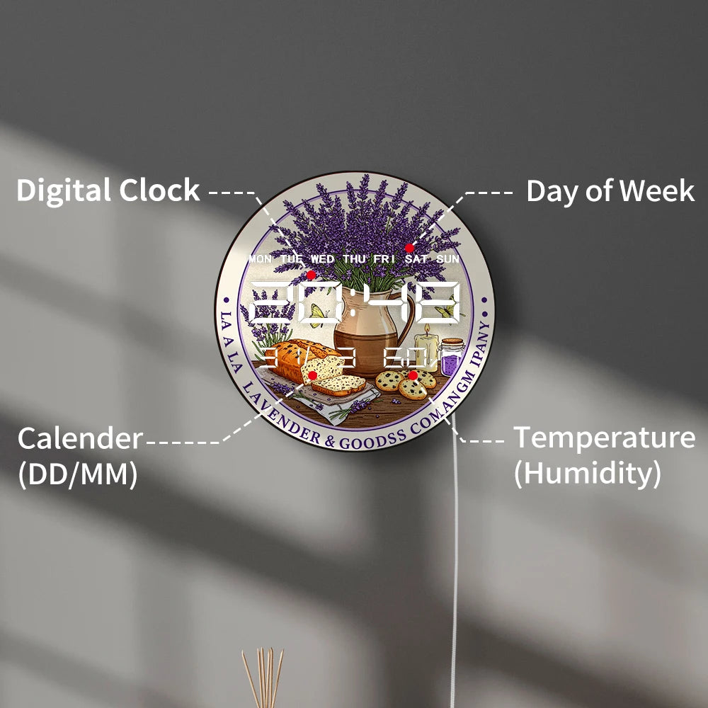Lavender Flower with Bread Cookies LED Digital Wall Clock for Kitchen Dinning Room Home Decor Dual Purpose Electronic Wall Clock